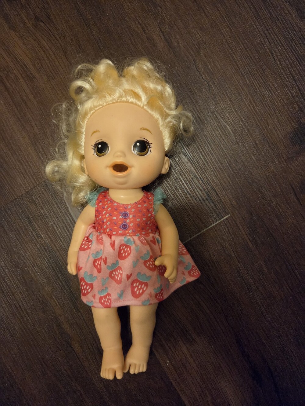 Blonde Baby Doll in Pink Strawberry Dress - Cute Playtime Doll